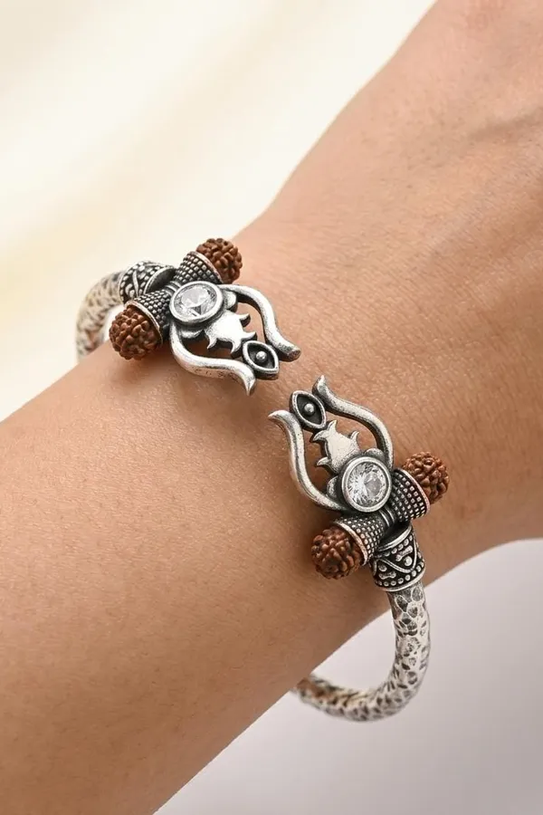 Dual Tone Rudraksh Studded Silver Finish Unisex Bracelet