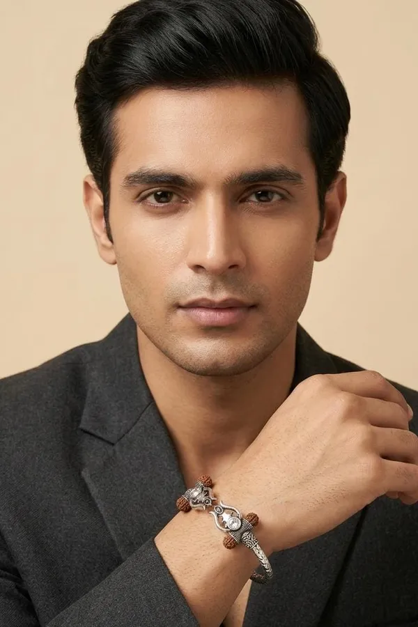 Dual Tone Rudraksh Studded Silver Finish Unisex Bracelet