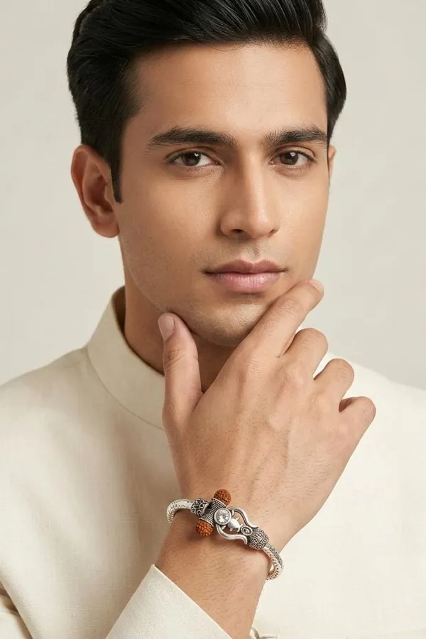 Dual Tone Rudraksh Studded Trishul Unisex Bracelet