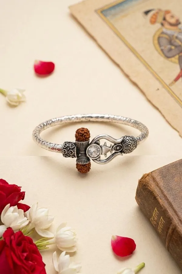 Dual Tone Rudraksh Studded Trishul Unisex Bracelet