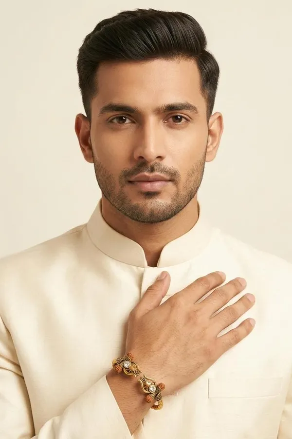 Dual Tone Rudraksh Studded Unisex Gold Finish Bracelet