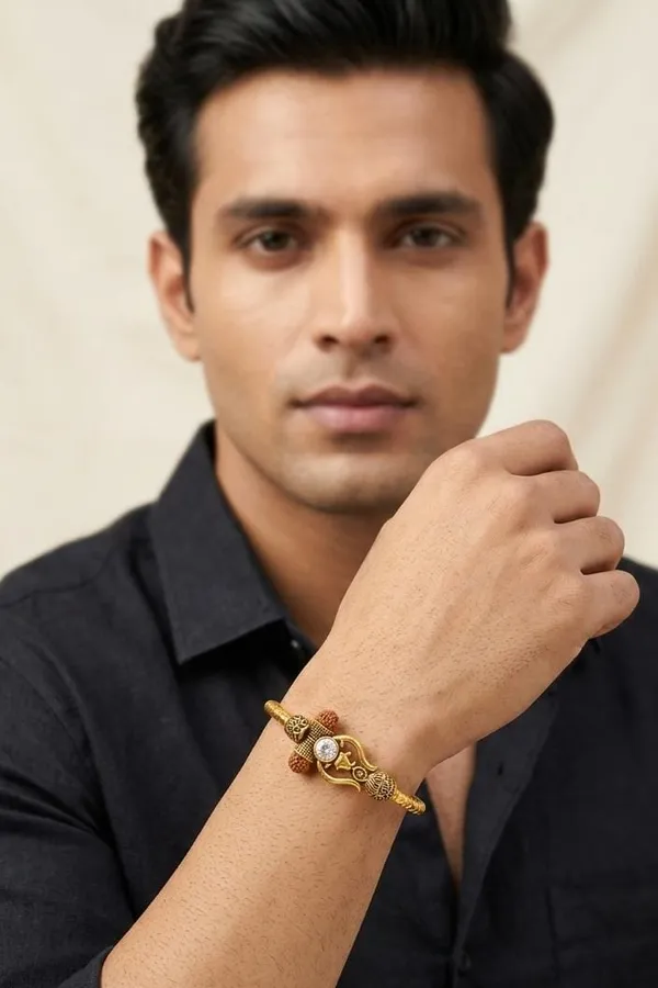 Dual Tone Rudraksh Studded Golden Trishul Unisex Bracelet