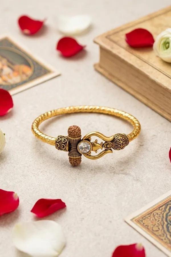 Dual Tone Rudraksh Studded Golden Trishul Unisex Bracelet