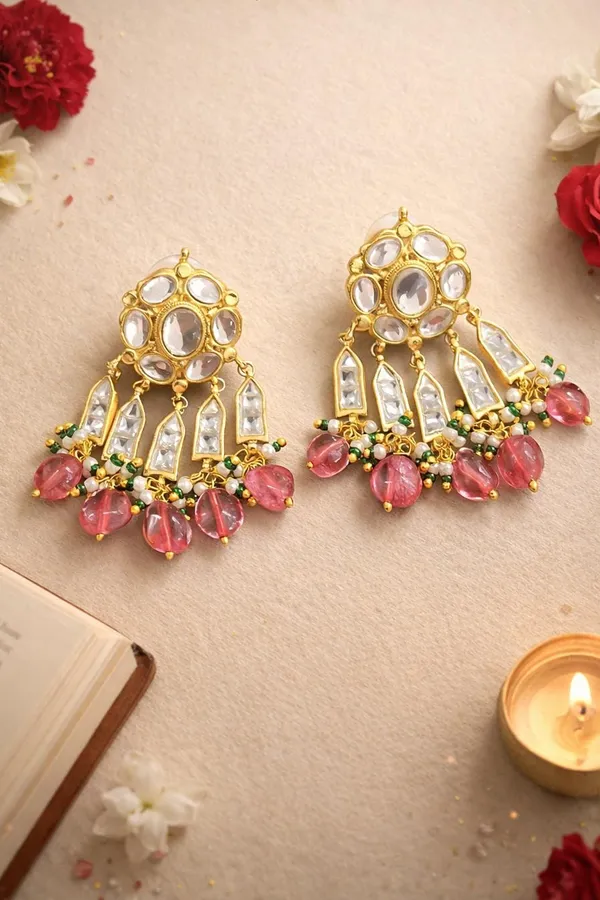 Gold & White Fish Motif Tourmaline Drop Earrings