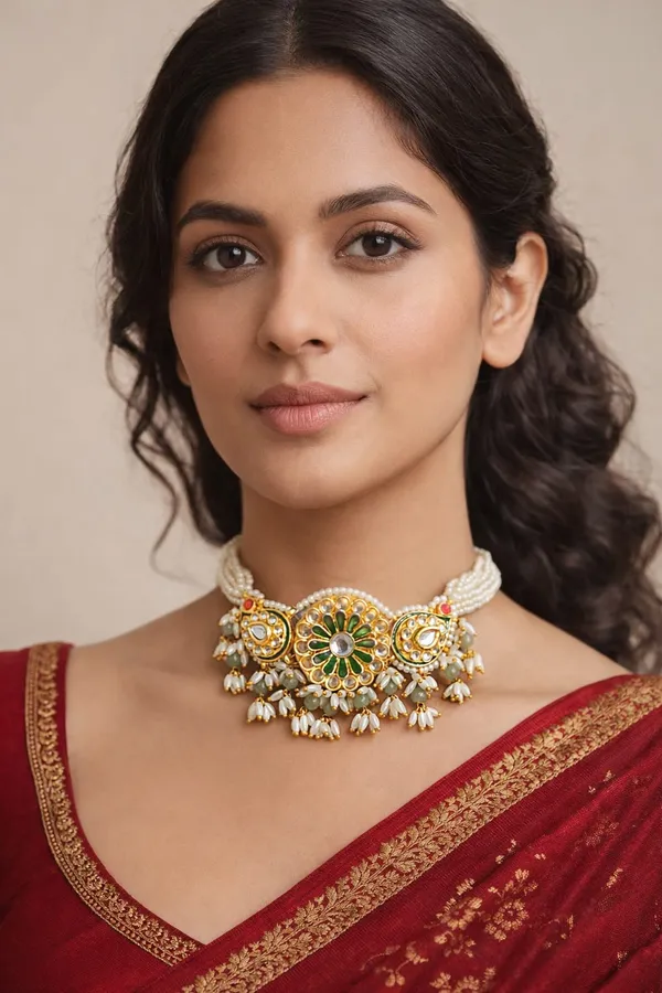 Gold & Green Meena Paisley Pearls Choker Necklace