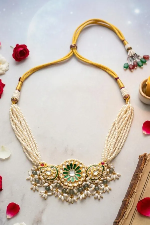 Gold & Green Meena Paisley Pearls Choker Necklace