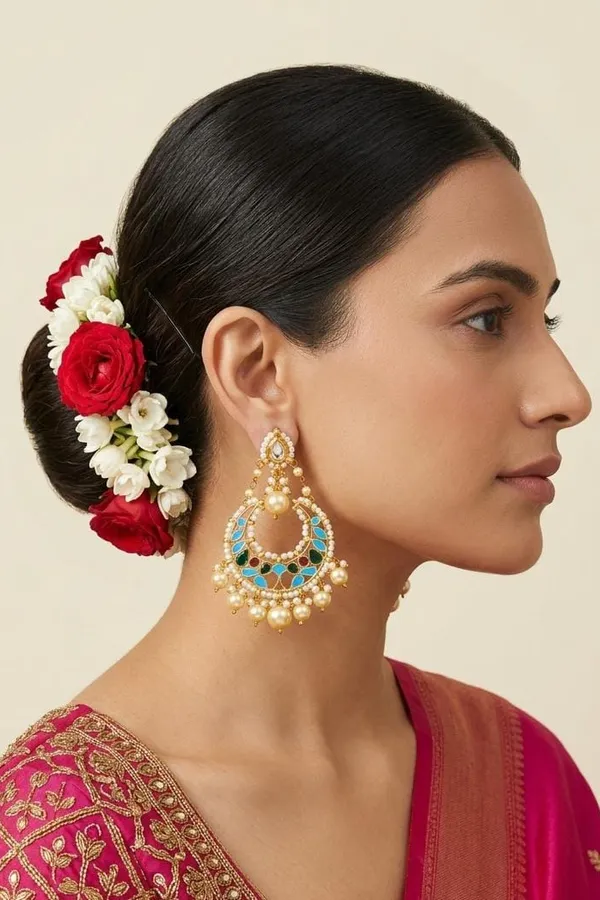 Red Green Feroza Meena Pearls Drop Chandbali Earrings