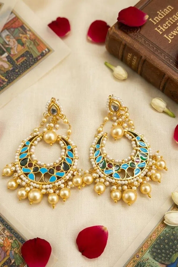 Red Green Feroza Meena Pearls Drop Chandbali Earrings