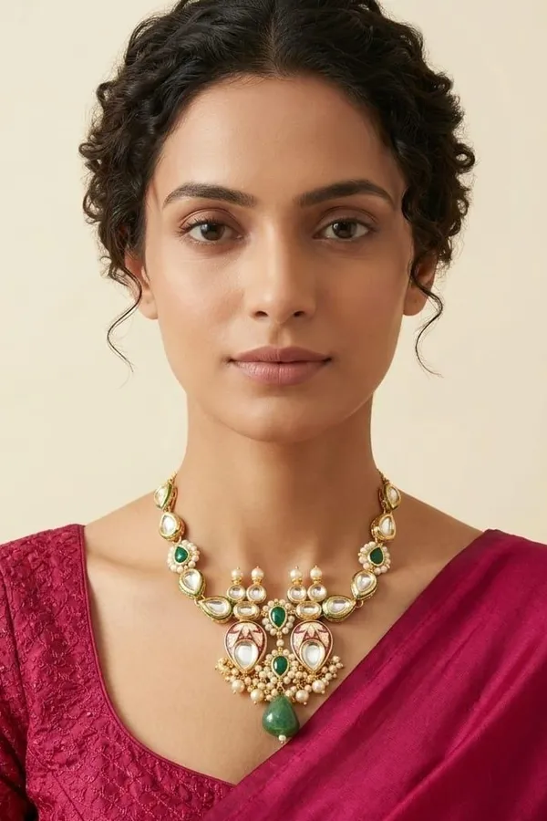 Red Enamel Green Kundan Green Drop Choker Necklace