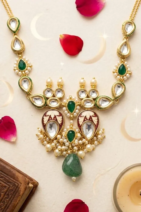 Red Enamel Green Kundan Green Drop Choker Necklace