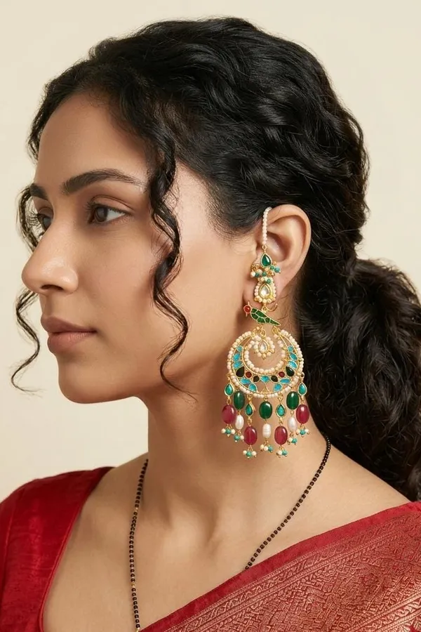 Ethnic Red Green Feroza Meena Red & Green Drops Chandbali Earrings
