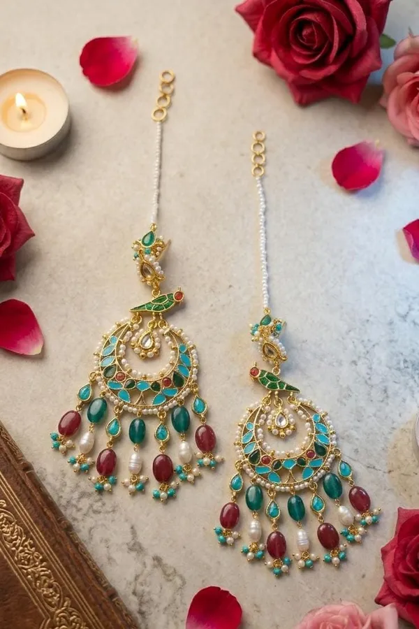 Ethnic Red Green Feroza Meena Red & Green Drops Chandbali Earrings