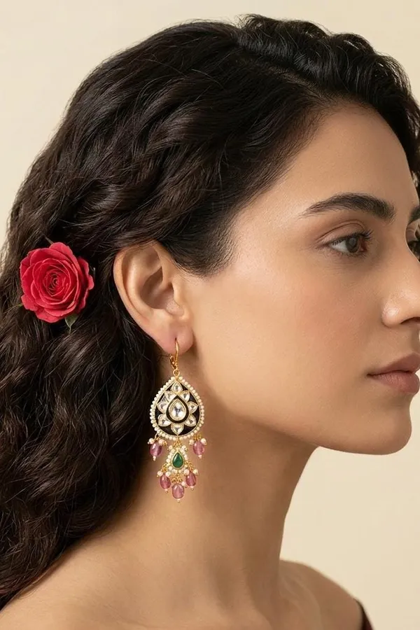 Black & White Meenakari Green Kundan Tourmaline Drops Dangler Earrings