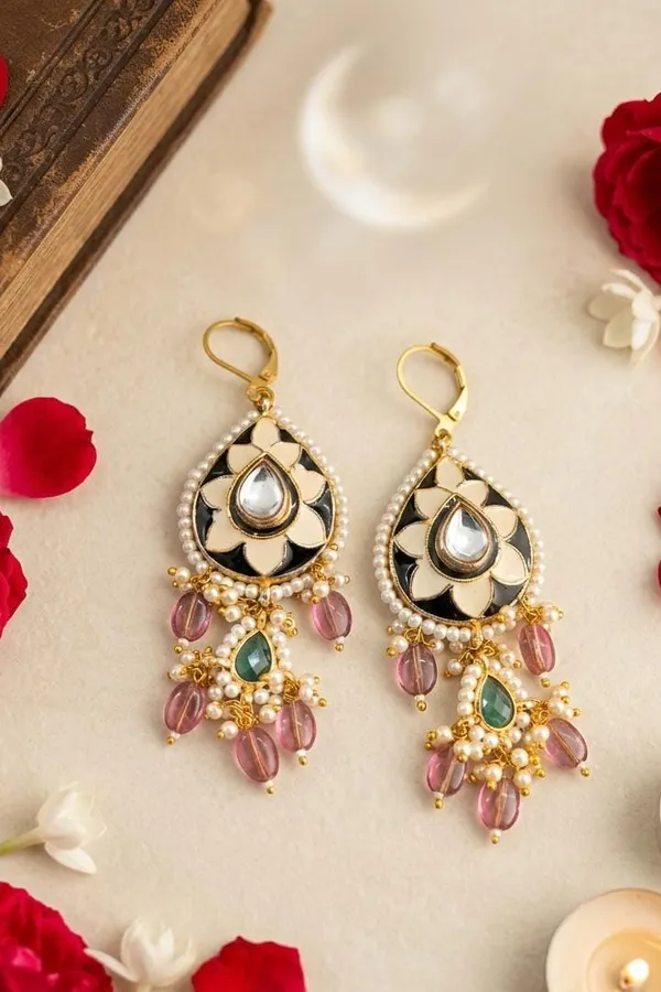 Black & White Meenakari Green Kundan Tourmaline Drops Dangler Earrings