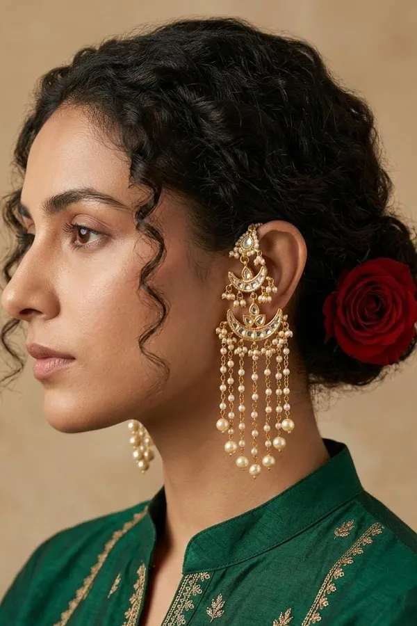 Gold White Kundan Chand Biya Earrings