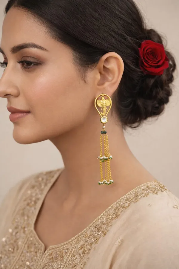 Ethnic Gold Plated Green & White Pearls Dangler Earrings