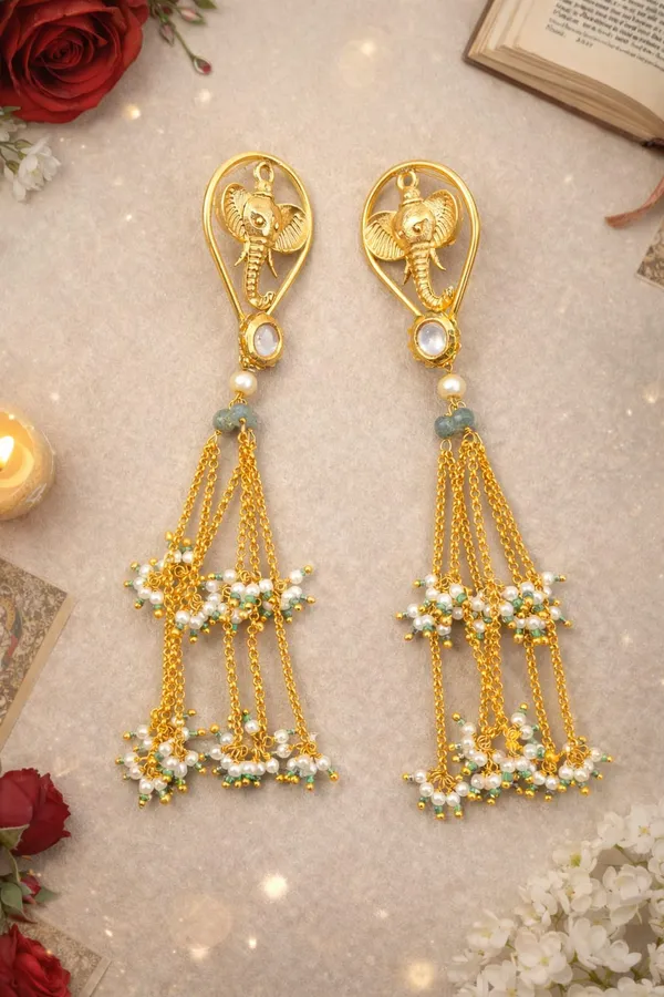 Ethnic Gold Plated Green & White Pearls Dangler Earrings