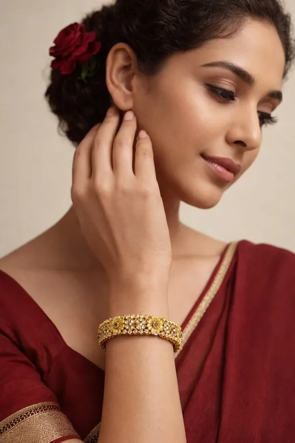 Red Kundan Gold & White Kada