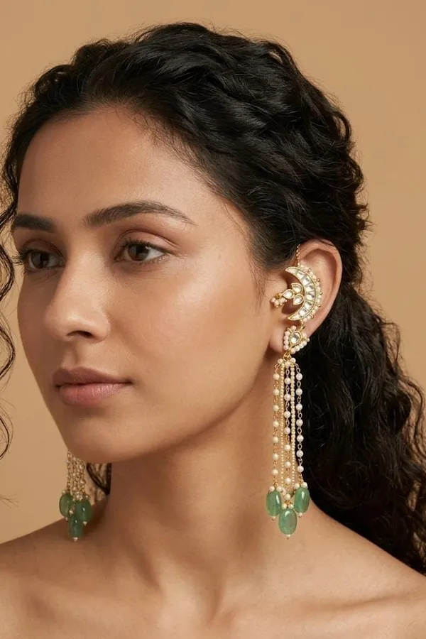 Gold & White Kundan Crescent Emerald Drops Dangler Earrings