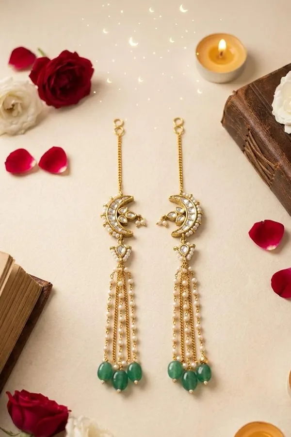 Gold & White Kundan Crescent Emerald Drops Dangler Earrings