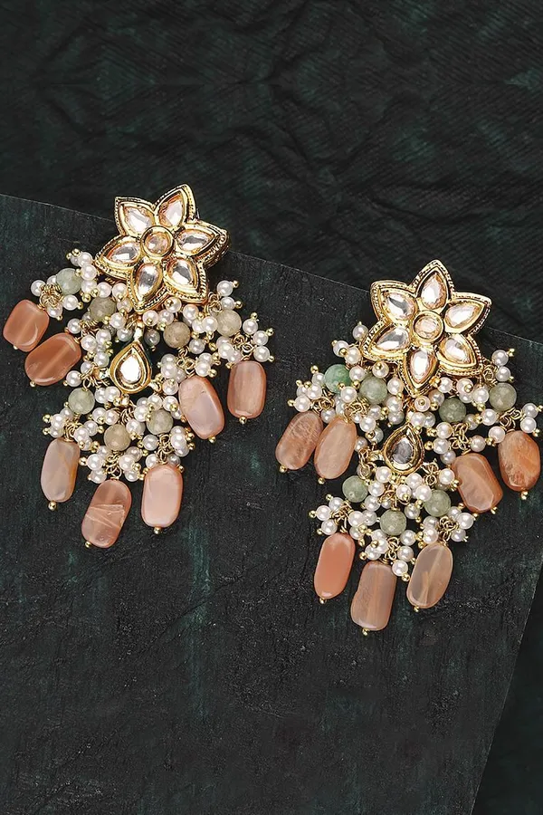 Pink Moonstone Green Jade Flower Kundan Earrings
