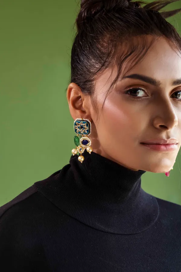 Radical Blue Meenakari & Pearls Green Kundan Earrings