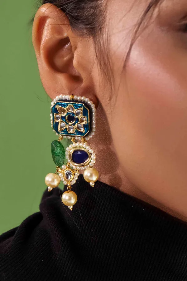 Radical Blue Meenakari & Pearls Green Kundan Earrings