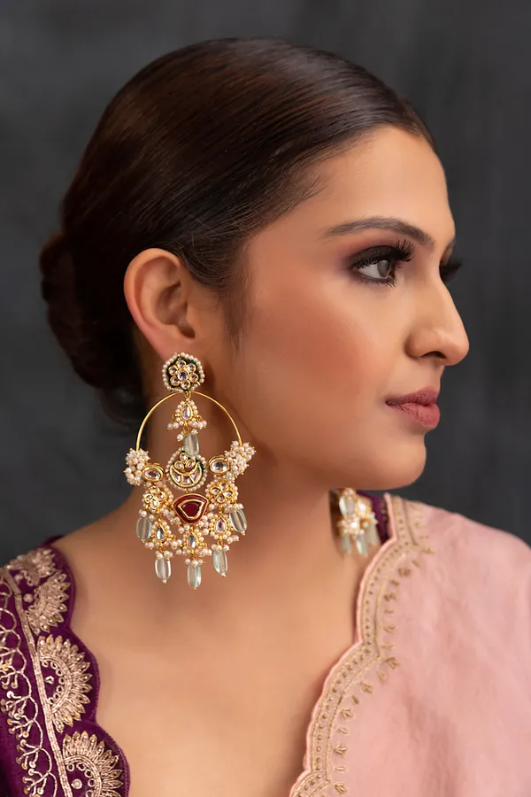 Mint Green Pearls & Kundan Red Meena Chandbali Earrings