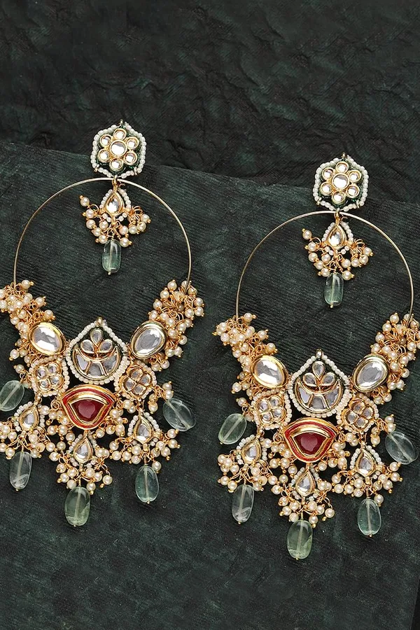 Mint Green Pearls & Kundan Red Meena Chandbali Earrings