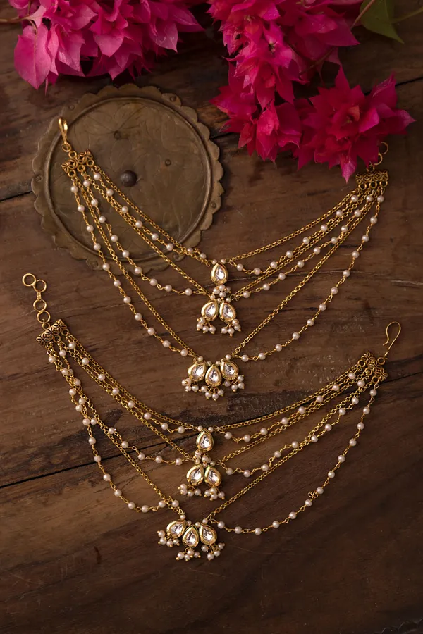 White Kundan & Pearls Gold Chain Ear Saharas