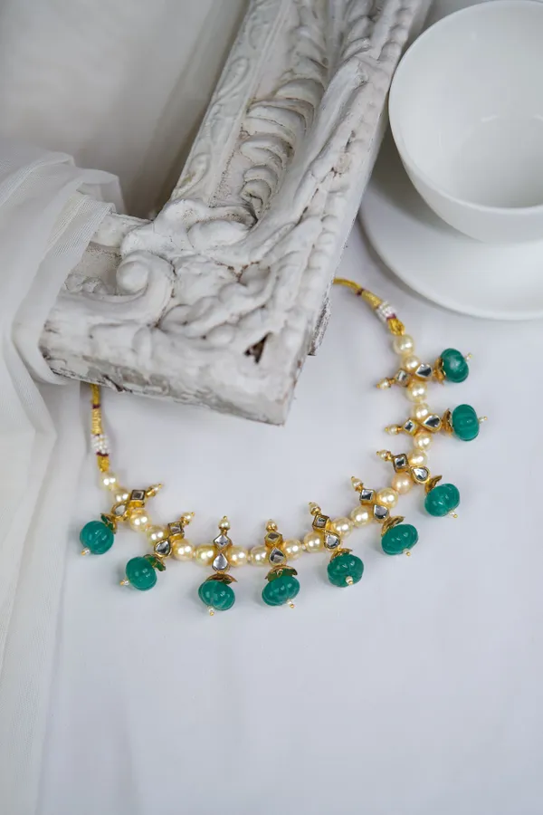 Gold & White Kundan Pearls Necklace With Green Drops