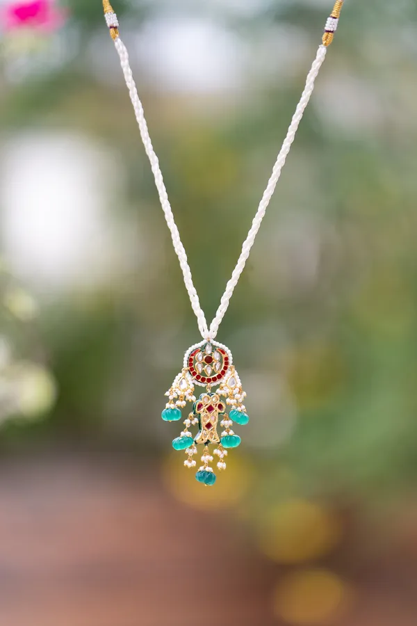 Pink Crescent Red Kundan Fish Green Drops Necklace