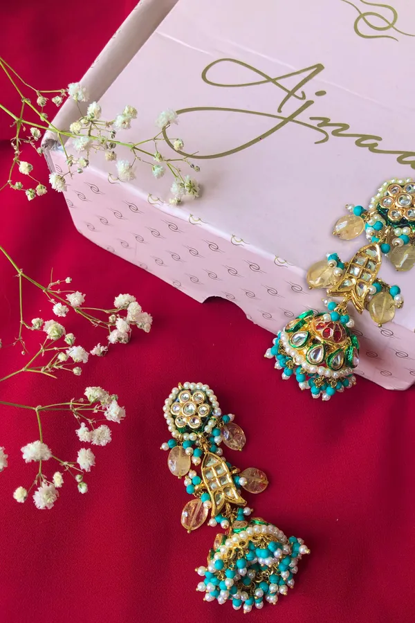 Turquoise with Yellow Beads Fish Motif Kundan Jhumki Earrings