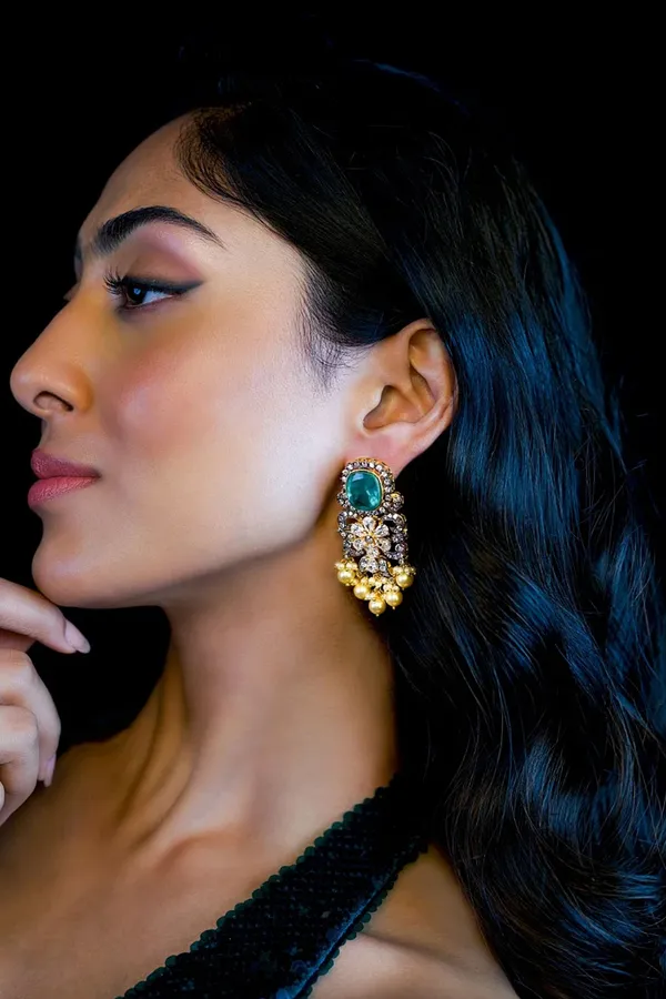 Statement Zirconia Dual Finish Green Dublet Stone Earrings With Pearls
