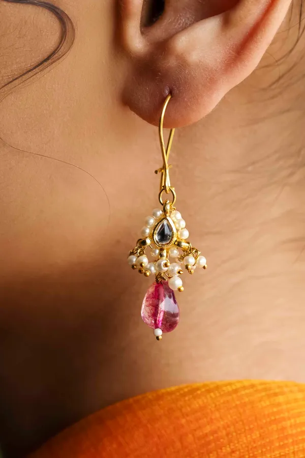 Tiny Kundan Tourmaline Drop Earrings