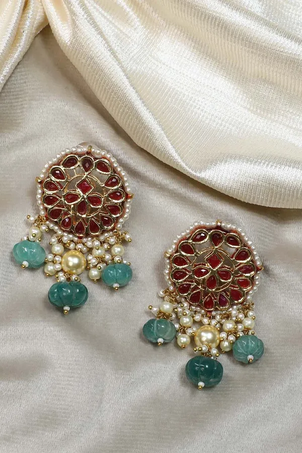Red Kundan Pearls & Green Drops Dangler Earrings