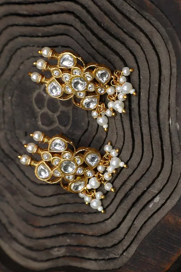 Pearl Drop Gold & White Kundan Earrings