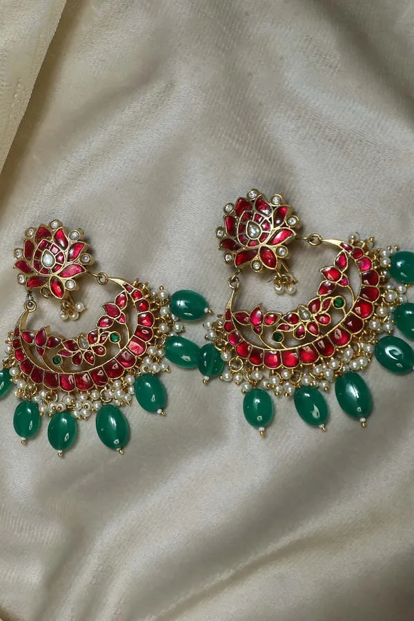 Pink Kundan Jadau Chandbali With Green Drops