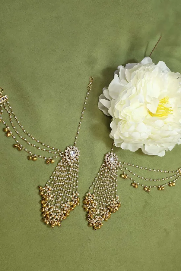 Loaded Gold Beads Kundan Dangler Earrings With Attached Kaan Saharas