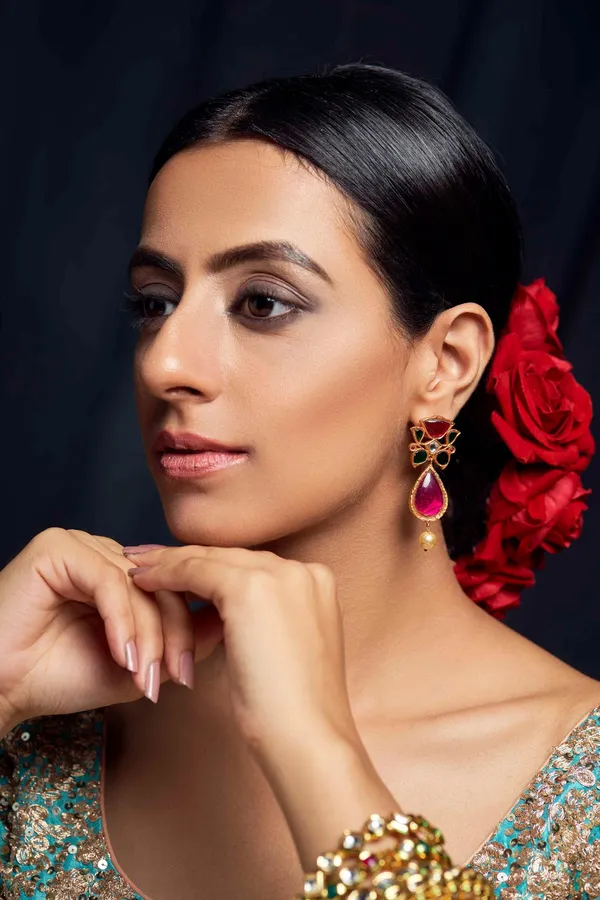 Gulabi Pink & Green Kundan Earrings