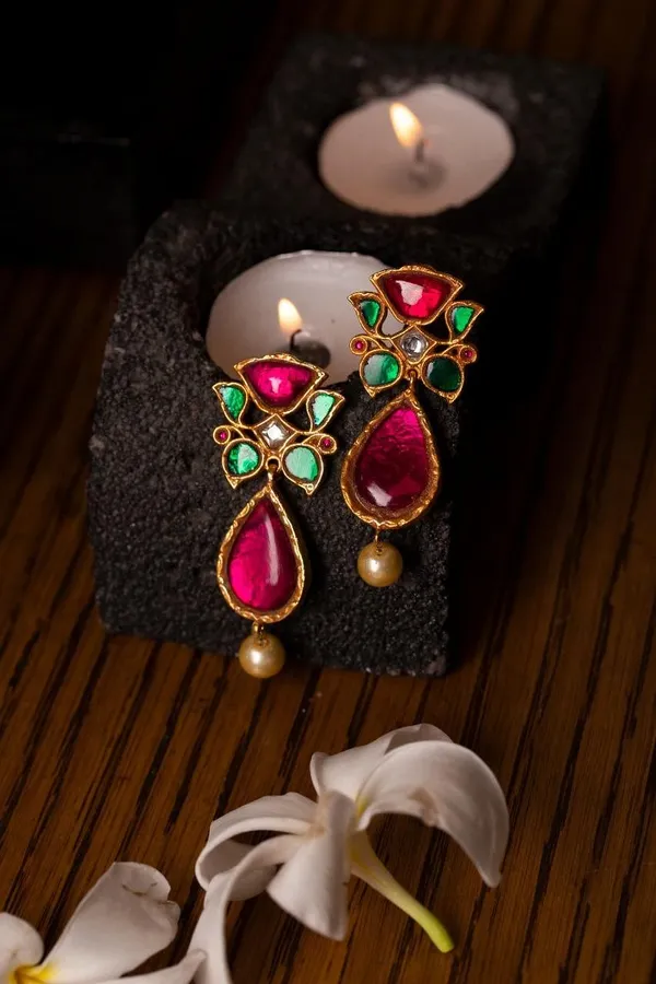 Gulabi Pink & Green Kundan Earrings