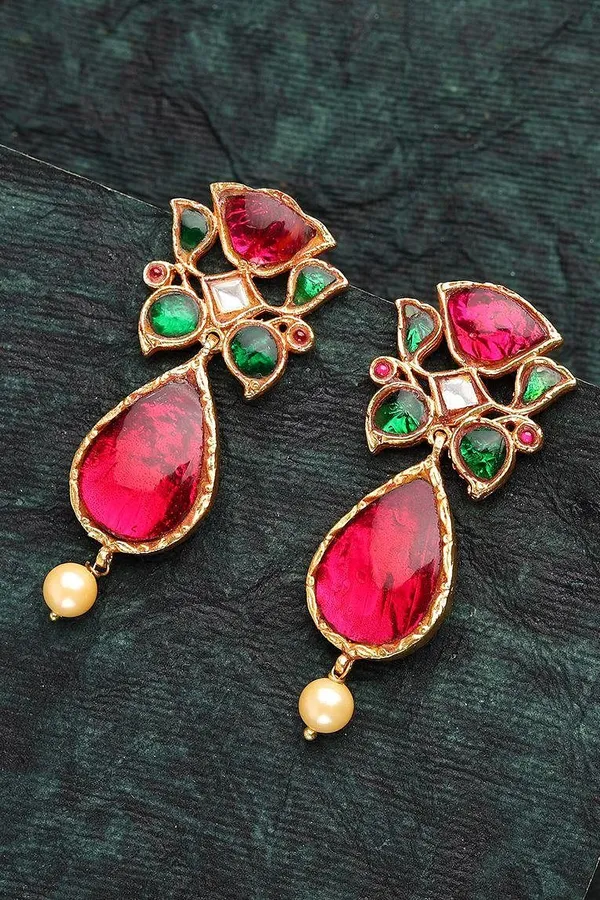 Gulabi Pink & Green Kundan Earrings