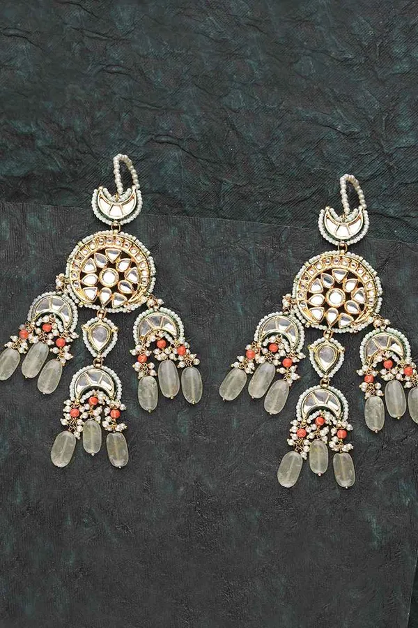 Majestic Green Gold Kundan & Pearls Chandbali Earrings