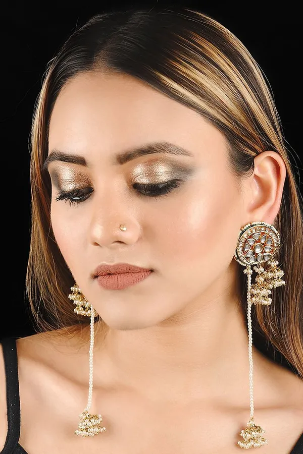 White Pearl & Kundan Jhumki Chandni Earrings