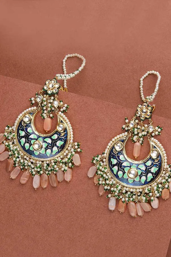 Blue Pink Stone Chandbali Earrings
