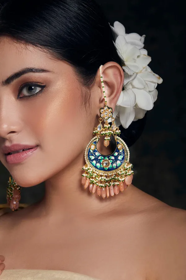 Blue Pink Stone Chandbali Earrings