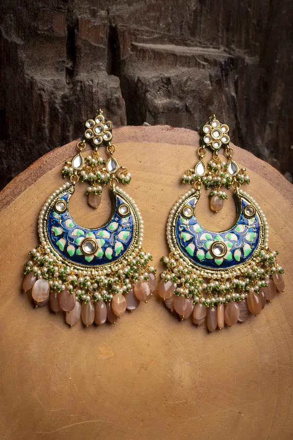Blue Pink Stone Chandbali Earrings