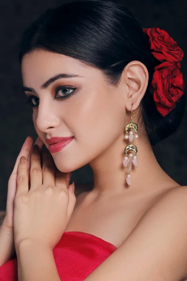 Rose Quartz Pearl and Kundan Earrings