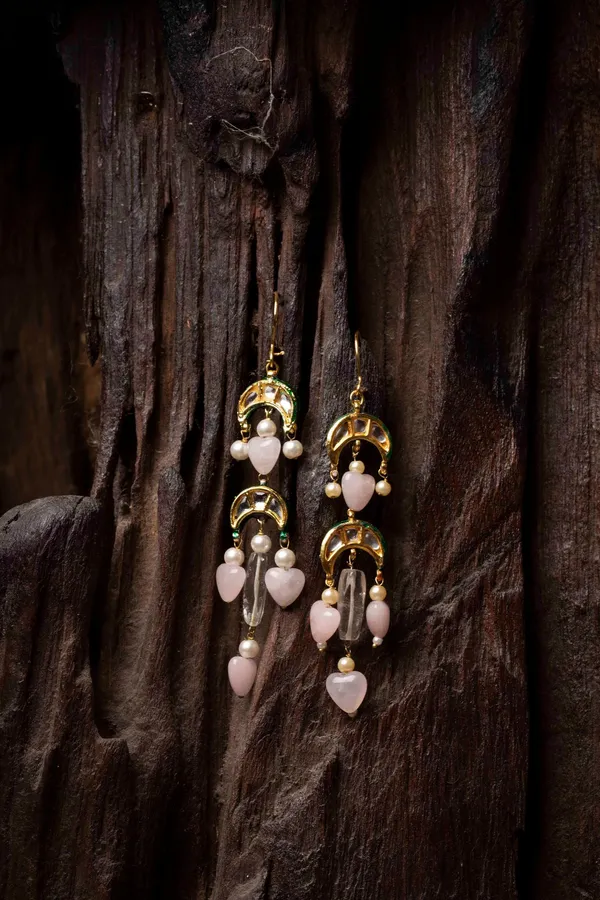 Rose Quartz Pearl and Kundan Earrings