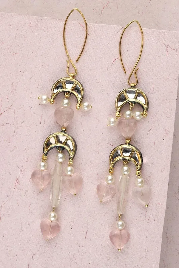 Rose Quartz Pearl and Kundan Earrings